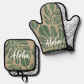 Leaf Tiki sage Green Hawaiian Tropical Ofenhandschuh & Topflappen-Set (Vorderseite/Rückseite)