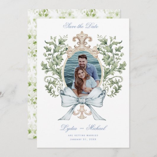 Leaf Wappen mit Bow Save The Date (Vorne/Hinten)