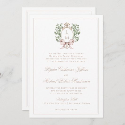 Leaf Wappen mit Tan Bow | Monogramm-Hochzeit Einladung (Vorne/Hinten)