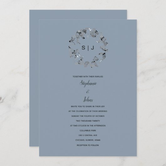 Leaf Wappen Monogram Dusty Blue Gray Wedding Einladung (Vorne/Hinten)