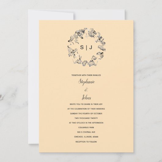 Leaf Wappen Monogram Elfenbeincreme Beige Hochzeit Einladung (Vorderseite)