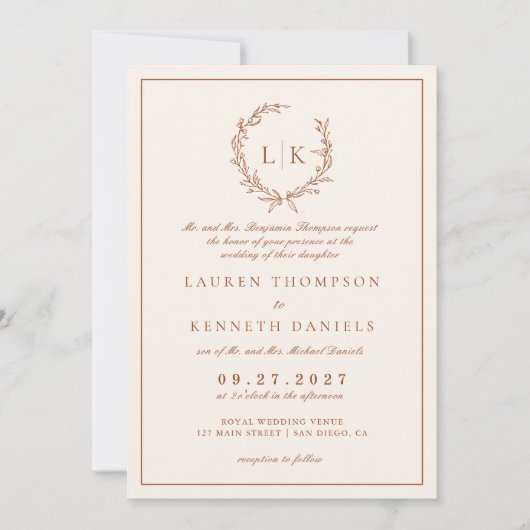 Leaf Wappen Terracotta & Cream Qr Code Hochzeit Einladung (Vorderseite)