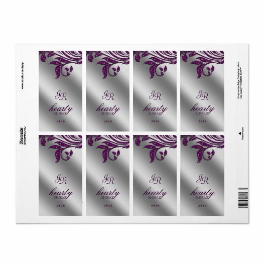 Leaf Wedding Wine Label Sparkle Lila Silber (Vorne)