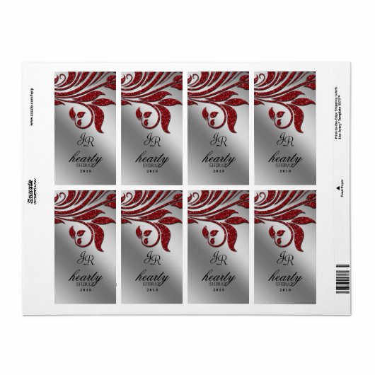 Leaf Wedding Wine Label Sparkle Red Silver (Vorne)