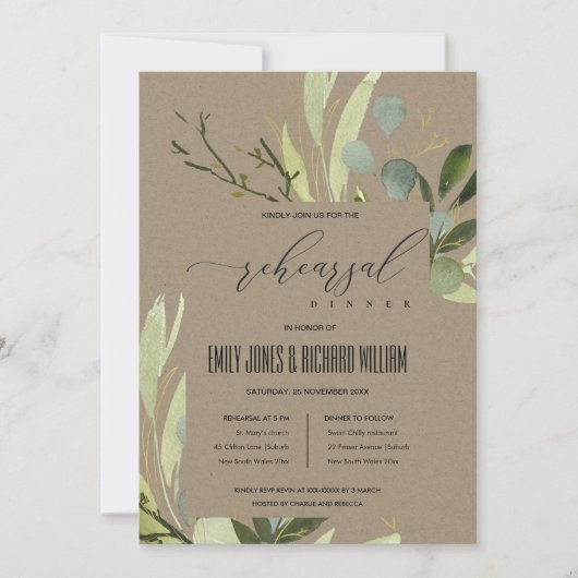 LEAFEN GREEN FOLIAGE WATERCOLOR PROBE DINNER EINLADUNG (Vorderseite)