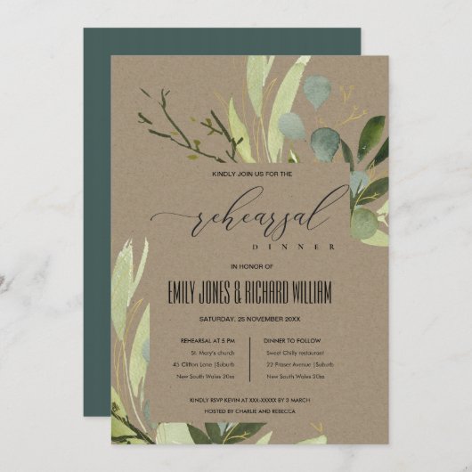 LEAFEN GREEN FOLIAGE WATERCOLOR PROBE DINNER EINLADUNG (Vorne/Hinten)