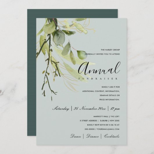 LEAFEN GREEN GRAY FOLIAGE CORPORATE PARTY EVENT EINLADUNG (Vorne/Hinten)