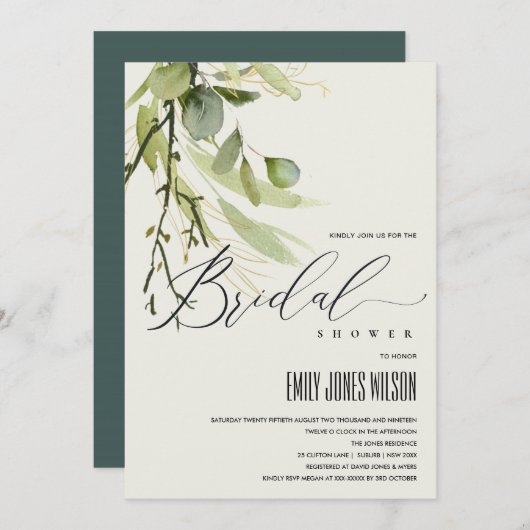 LEAFENBUNCH GREEN FOLIAGE WATERCOLOR BRAUTPARTY EINLADUNG (Vorne/Hinten)