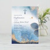 Leafy Blue Frame Religious Einladung (Stehend Vorderseite)