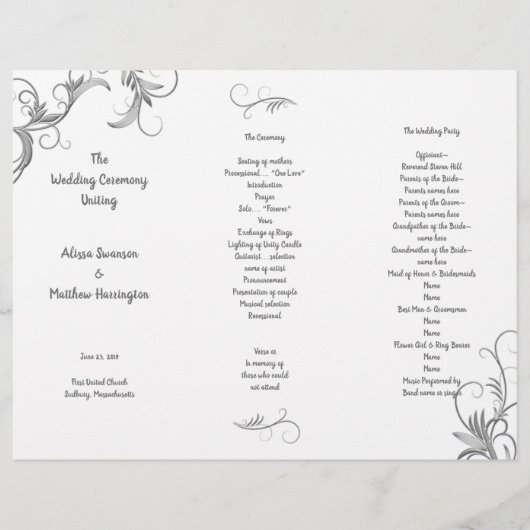 Leafy Blüh White Tri-Fold Hochzeitsprogramm (Vorderseite)