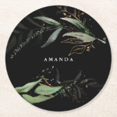 Leafy Botanical Eukalyptus Moderne schwarze Zweign Runder Pappuntersetzer (Vorderseite)