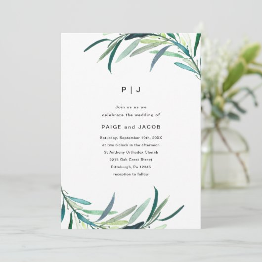 Leafy Botanical Wedding Einladung (Stehend Vorderseite)