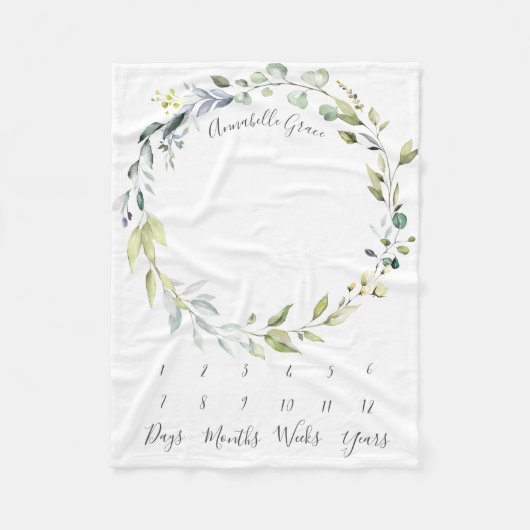 Leafy Botanical Wreath Monthly Baby Milestone Fleecedecke (Vorderseite)