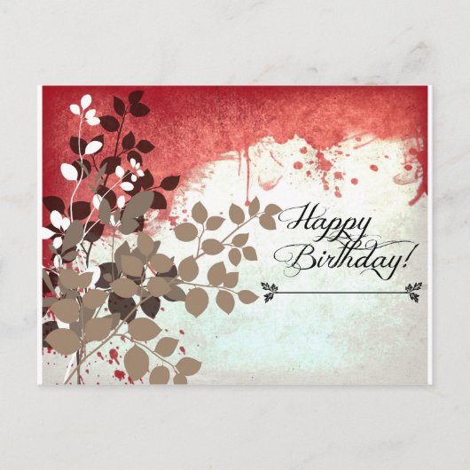 Leafy Brick Red Happy Birthday Postkarte (Vorderseite)