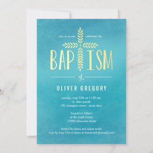 Leafy Cross Baptism Invitation - Blue Einladung
