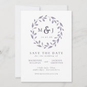 Leafy Elegance Blue & White Wreath Monogram Save The Date (Vorderseite)