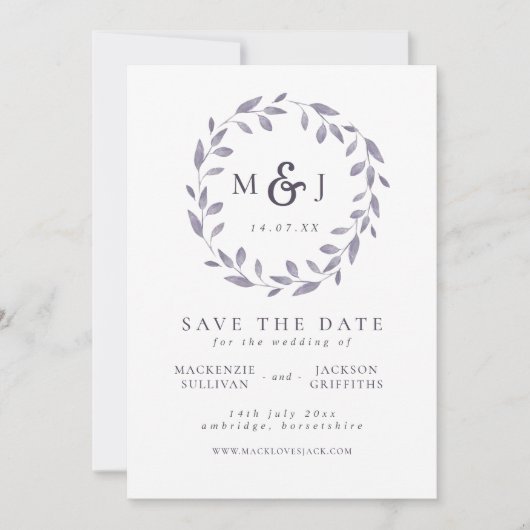 Leafy Elegance Blue & White Wreath Monogram Save The Date (Vorderseite)