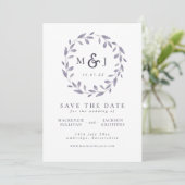 Leafy Elegance Blue & White Wreath Monogram Save The Date (Stehend Vorderseite)