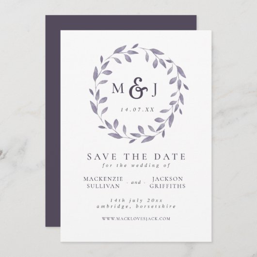 Leafy Elegance Blue & White Wreath Monogram Save The Date (Vorne/Hinten)