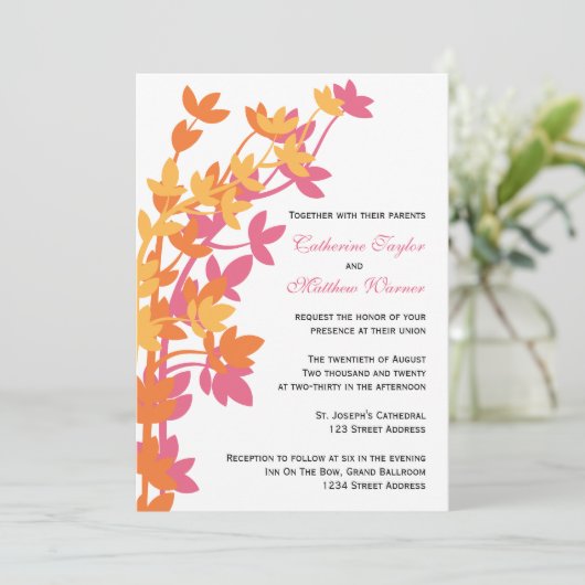 Leafy Elegance in rosa, orange-gelbe Hochzeit Einladung (Stehend Vorderseite)