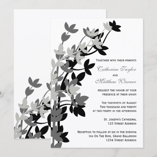 Leafy Elegance in Silver Black Wedding Einladung (Vorne/Hinten)