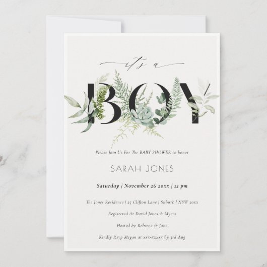 Leafy Fern Succully seine Boy Baby Dusche einladen Dankeskarte (Vorderseite)