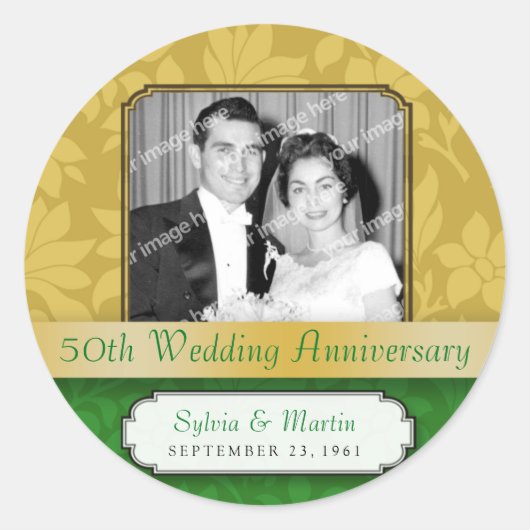 Leafy Gold Damask 50 Jahre Runder Aufkleber (Vorderseite)