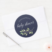 Leafy Green | Aquarell Baby Dusche Dunkelblau Runder Aufkleber (Umschlag)