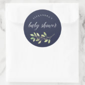 Leafy Green | Aquarell Baby Dusche Dunkelblau Runder Aufkleber (Tasche)