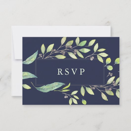 Leafy Green | Dark Blue Watercolor Wedding RSVP (Vorderseite)