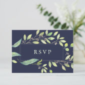 Leafy Green | Dark Blue Watercolor Wedding RSVP (Stehend Vorderseite)