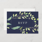 Leafy Green | Dark Blue Watercolor Wedding RSVP (Vorne/Hinten)