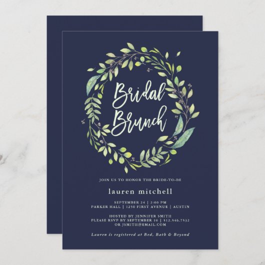 Leafy Green Kreath | Mitternacht Blue Bridal Brunc Einladung (Vorne/Hinten)