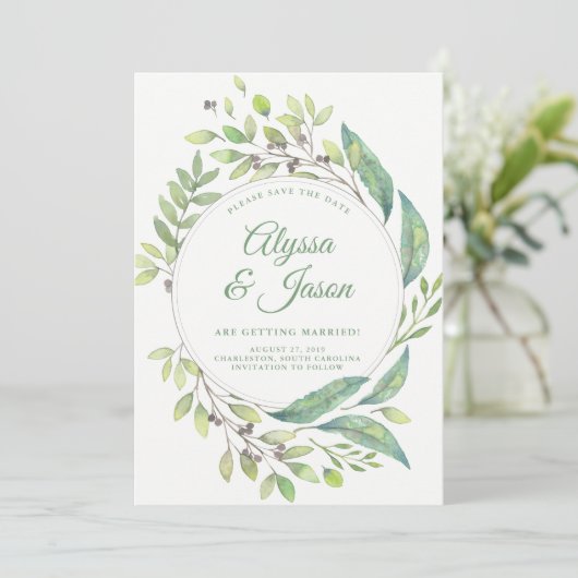 Leafy Green | Save the Date mit Foto und Namen (Stehend Vorderseite)