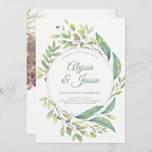 Leafy Green | Save the Date mit Foto und Namen (Vorne/Hinten)