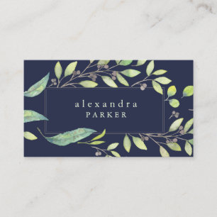 Leafy Green   Trendy Watercolor in Midnight Blue Visitenkarte