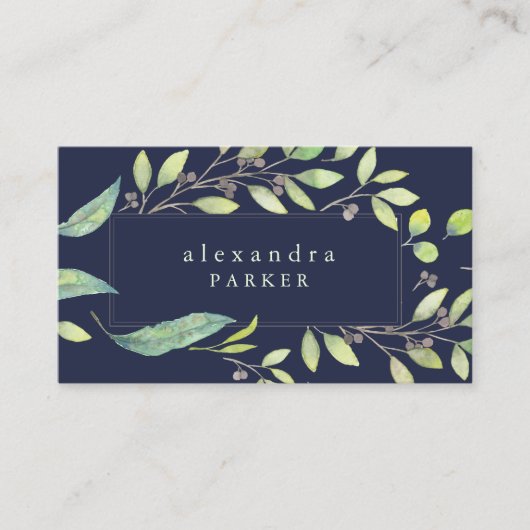 Leafy Green | Trendy Watercolor in Midnight Blue Visitenkarte (Vorderseite)
