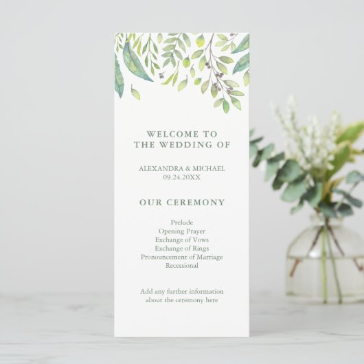 Leafy Green | Trendy Watercolor Wedding Program Programm (Stehend Vorderseite)