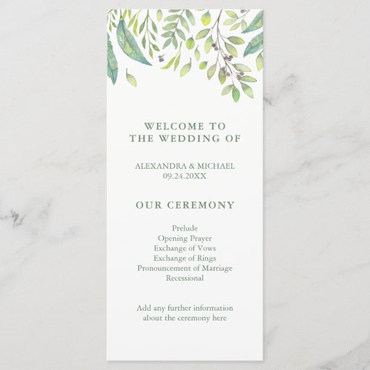 Leafy Green | Trendy Watercolor Wedding Program Programm (Vorderseite)