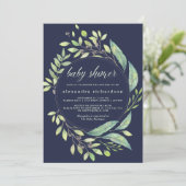 Leafy Green Watercolor Baby Shower Dark Blue Einladung (Stehend Vorderseite)