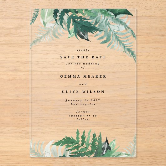 Leafy Greenery Elegant Spring Green Save the Date Acryleinladungen (Vorderseite)