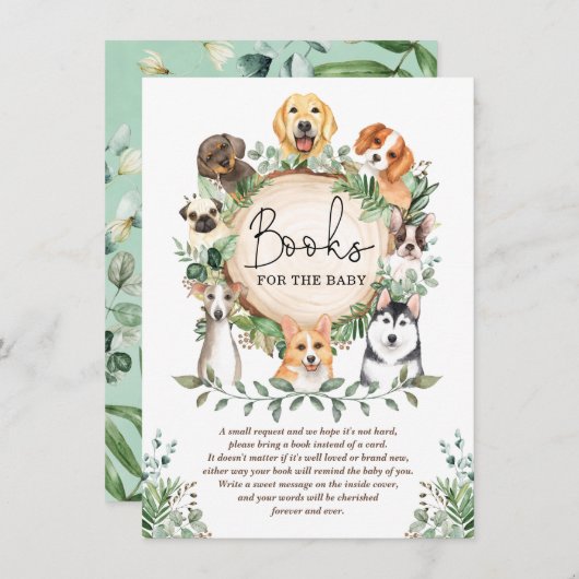 Leafy Greenery Puppy Dog Books for Baby Shower Begleitkarte (Vorne/Hinten)