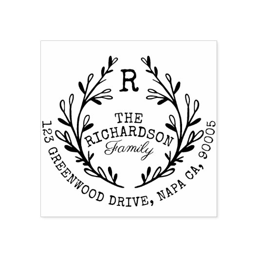Leafy Laurel Branch Wreath Monogram Family Address Gummistempel (Prägung)