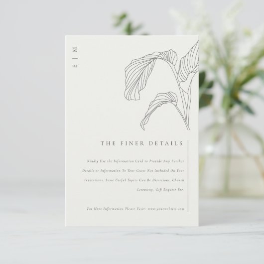 Leafy Palm Sketch Schwarz-weiße Hochzeitsdetails Begleitkarte (Stehend Vorderseite)