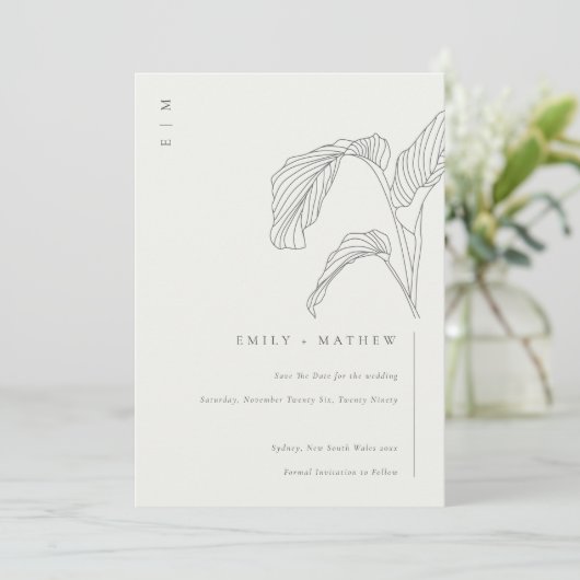 Leafy Palm Sketch Schwarz-weiße Save the Date Kart Dankeskarte (Stehend Vorderseite)