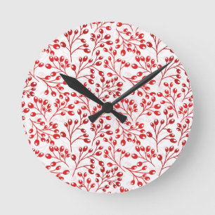 Leafy Red Pattern Moderne Elegante Berries Runde Wanduhr