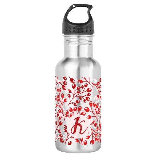 Leafy Red Pattern Moderne Elegante Mit Monogramm Edelstahlflasche (Vorderseite)
