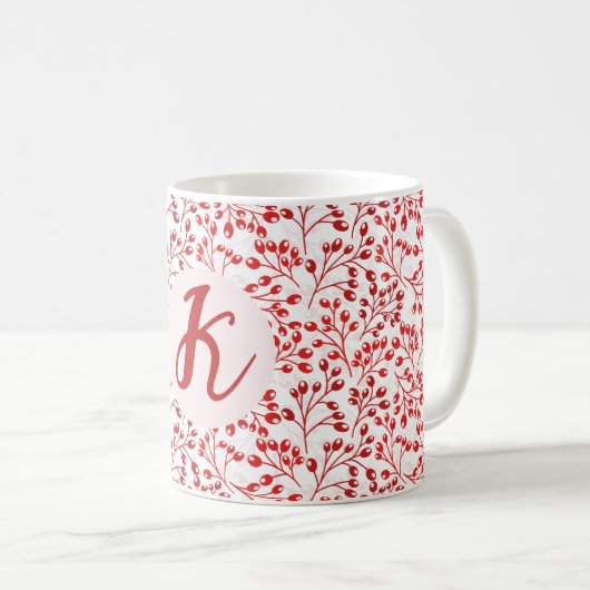 Leafy Red Pattern Moderne Elegante Mit Monogramm Kaffeetasse (VorderseiteRechts)