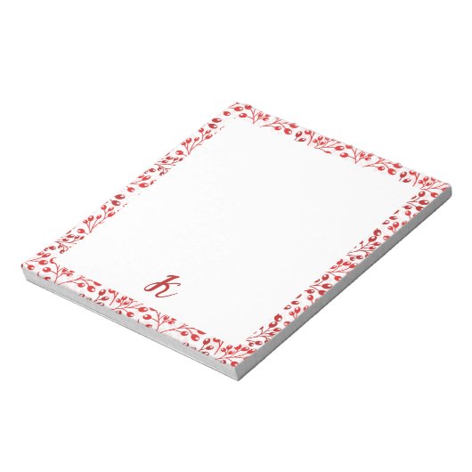 Leafy Red Pattern Moderne Elegante Mit Monogramm Notizblock (Rotiert)