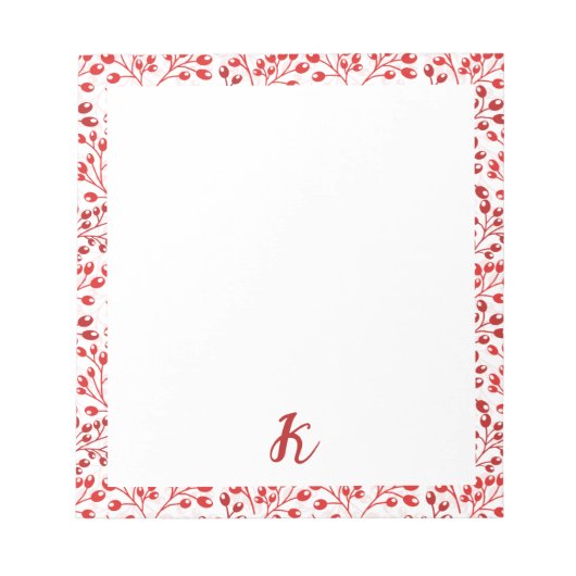 Leafy Red Pattern Moderne Elegante Mit Monogramm Notizblock (Vorderseite)